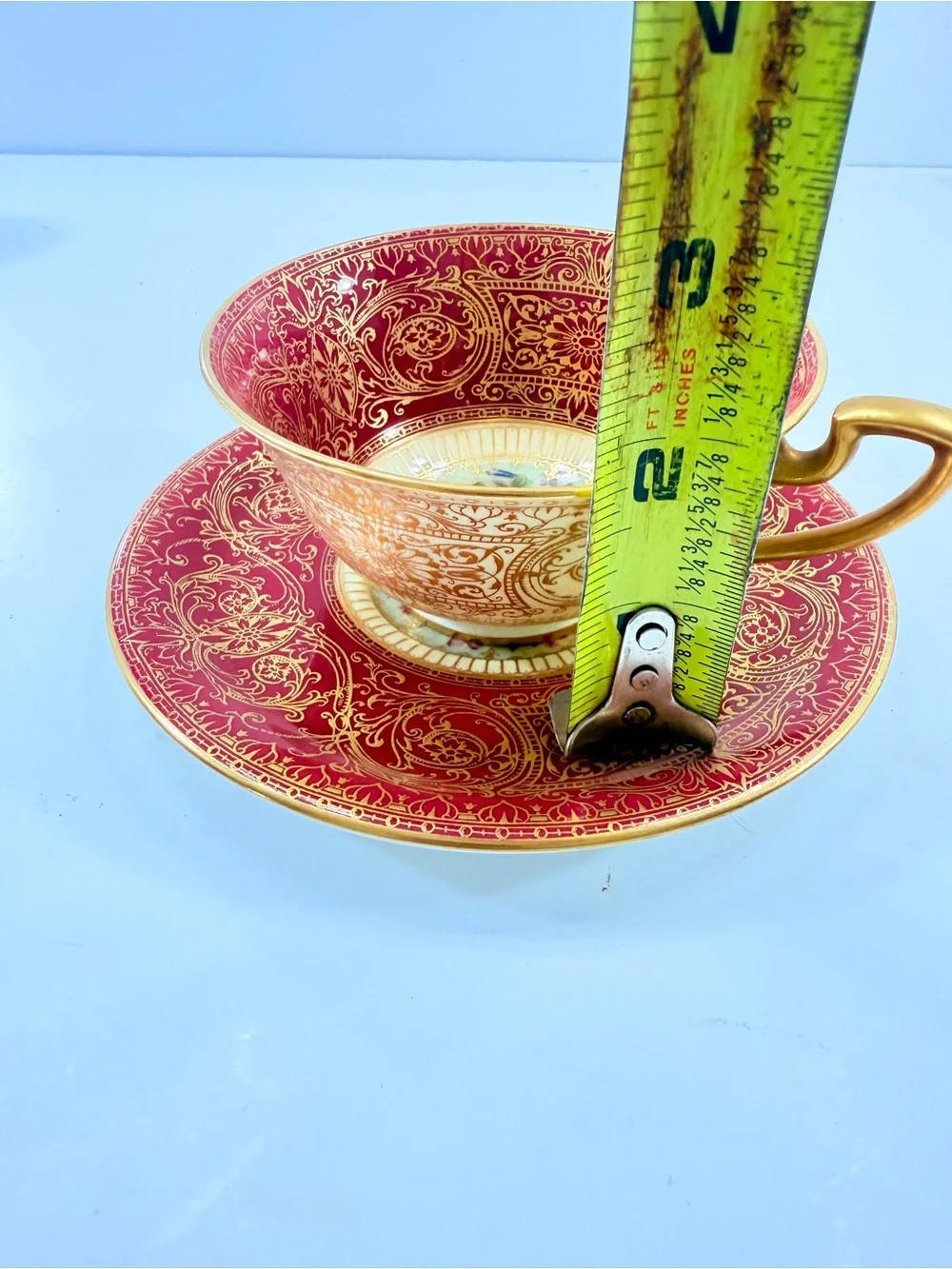 RARE Antique Royal Worcester Cranberry Gold Teacup Cup Saucer Set Gump’s 1929